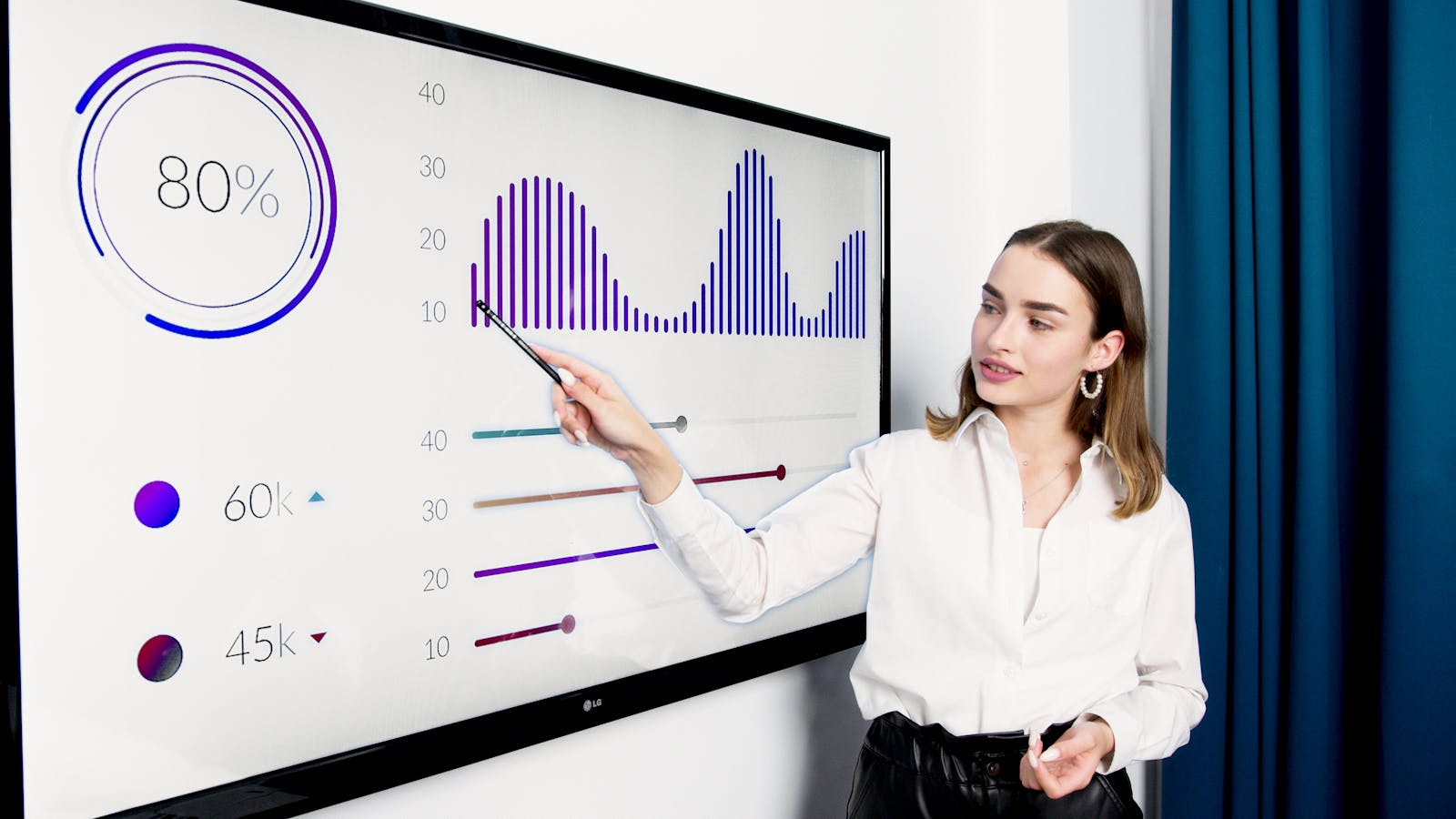 IT-Projektmanagement: Businesswoman präsentiert Daten auf einem großen digitalen Screen in einem modernen Büro.