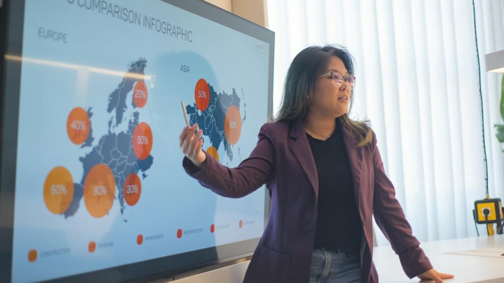 Nearshoring, offshoring - eine asiatische Dame präsentiert im Büro